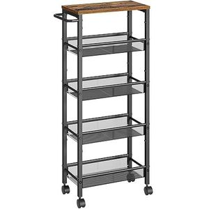 VASAGLE LRC035B01 Trolley met 5 niveaus, smalle keukentrolley op wielen, staal, met handgreep, voor kleine ruimtes, keuken, badkamer, woonkamer, studeerkamer, 22 x 45,4 x 99,6 cm, vintage bruin-zwart