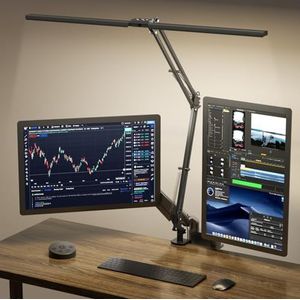 Tweekoppige bureaulamp LED Dimbaar, 24W 80CM Clip-On Desk Lamp met afstandsbediening Oogbescherming LED Lamp, 10 kleuren 10 helderheidsniveaus, Home Office Desk Lamp Monitor Lamp met USB