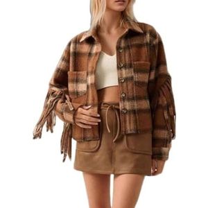 LoprNsdgt Dames Herfst Retro Color Block Geruite Lange Mouwen Kwastjes Knopen Afgesneden Jas,Bruin,L