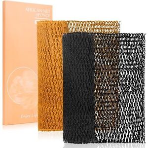 MTDLYICE Afrikaanse netspons 2 stuks, rugscrubber voor douche, XL 80 cm exfoliërend washandje, Afrikaanse netspons authentiek, lichaamsscrubber exfoliator badaccessoires (zwart, oker)