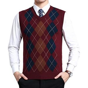 Moren Heren Klassiek V-hals Vest Mouwloos Trui Gebreide Gilet Gebreide Trui Tanktops Gebreide Vest Slipover Plaid Decoratie, Rood, M