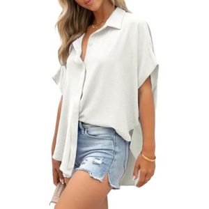 CupitiDU Dames Casual Knop Korte Mouw Split Zoom Shirt Effen Kleur Tops, Zomer V-hals Knop Voorkant Tops met Zak, Wit, XXL