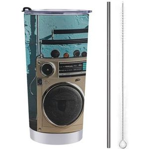 AQRJLPM Vintage muur van radio boombox autobeker roestvrij staal 50 ml beker met rietje en deksels lekvrij geïsoleerde roestvrijstalen reiskoffiemok pobtable voor koude warme dranken kamperen
