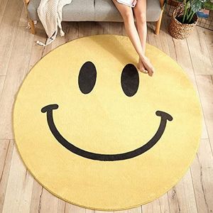 Ronde woonkamer Antislip grote tapijten Vintage karpet Lopers Superzachte wasbare tapijtmat Fashion Geel Zwart Happy Smiley, ø 120CM