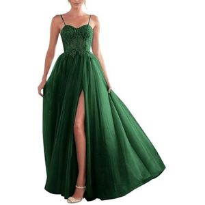 YIANN Glitter Tule Galajurken met Split voor Vrouwen Mouwloos Korset A-lijn Lange Formele Jurk Avondjurk, Emerald Groen, 32