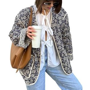 CakfLjkhl Dames Gewatteerde Jas Dubbelzijdig Met Bloemenprint Lange Mouwen Lichtgewicht Gewatteerde Puffer Cardigan,Blauw,L