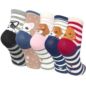 Justay damessokken van katoen met schattig kattenpatroon, grappige kleurrijke sokken voor meisjes, 5 paar, Rood Zwart Grijs Roze Brown