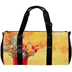 Ronde Gym Sport plunjezak met afneembare schouderriem boeket van heldere herfstbloemen in rubberen laarzen training handtas nachttas voor dames en heren, Meerkleurig, 45x23x23cm/17.7x9x9in