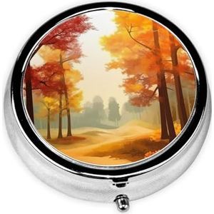 Herfst Bomen Landschap Print Pillendoos 3 Compartiment Kleine Pil Case met Spiegel Pil Organizer voor Outdoor Reizen Pocket Purse
