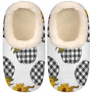 GeMeFv Zonnebloemen geruite huispantoffels voor dames en heren, antislip huispantoffels, pluche gevoerde pantoffels schoenen voor jongens meisjes tieners binnen slaapkamer (pompoen), Zonnebloemen