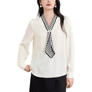 ROUZIHU Gestreept lint chiffon shirt professioneel woon-werkverkeer V-hals los mouwen dames shirt(Beige,XXL)