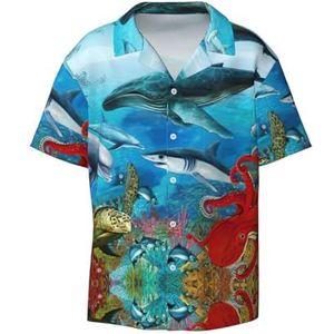 Dolfijnen zeeschildpad haai octopus koraalrif print heren korte mouw button down shirts casual losse pasvorm zomer strand shirts heren overhemden, Zwart, XXL