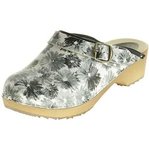 APREGGIO Houten klompen voor dames, handgemaakt, hoge hakken, gesloten kant, leer, Zweeds, wit en grijs., 38 EU