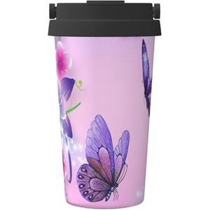 Geïsoleerde koffiemok beker met roze vlinderprint, 500 ml, reisbeker, voor reizen, kantoor, auto, feest, camping