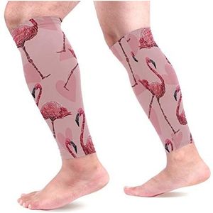 EZIOLY Roze flamingo's en harten sport kalf compressie mouwen been compressie sokken kuitbeschermer voor hardlopen, fietsen, moederschap, reizen, verpleegkundigen