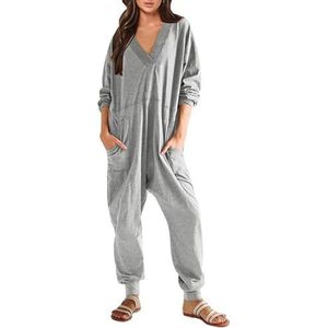 Haibang Jumpsuit met lange mouwen voor dames, V-hals, casual, oversized, jumpsuit, losse pasvorm, comfortabele eendelige en lounge-romper, eendelige pyjama, outfits met zakken, Grijs, XL