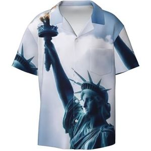 TyEdee Vrijheidsbeeld Print Overhemden met korte mouwen voor heren, met zak, casual overhemd met knopen, zakelijk overhemd, Zwart, XXL