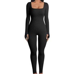 ROEUIPG Slim jumpsuit voor dames, effen, geribbeld, lange mouwen, vierkante hals, nauwsluitend, romper, sport, yoga, playsuit (zwart, XL)