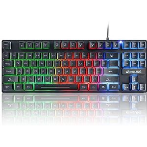 K16 Bedraad 87-toetsen Gaming Toetsenbord, Mechanisch Gevoel Regenboog LED-achtergrondverlichting Waterdicht Ergonomisch 16-Toetsen Anti-ghosting 75% PC-gamingtoetsenbord voor Win/Mac - Zwart