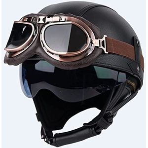Vintage Motorfiets Jethelm Duitse Stijl Lederen Open Gezicht Halve Helm, DOT/ECE Goedgekeurde Retro Halve Motorhelm, Met Bril Verwijderbare Binnenvoering For Volwassen Mannen En Vrouwen (Color : Q,