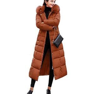 Uni-Wert Winterjas voor dames, lange donsjas, warme parka, jas met bontcapuchon, gewatteerde jas, winterjas, casual donsjas, bruin, S