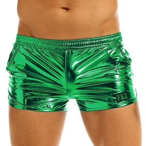 Leather Harness Mens Shiny Metallic Night Club Party Shorts Elastic Waistban Boxer Shorts Performance Show Summer Clubwear Costume Trunks-Green_M
