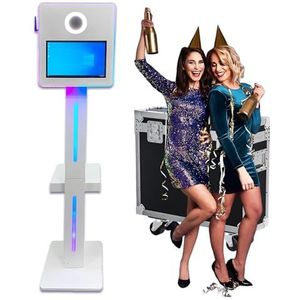 DSLR fotocabine machine met 15,6 inch touchscreen, fotobooth-machine met flightcase en RGB-licht voor bruiloft afstudeerfeest evenementen verhuur (wit, fotocabine)
