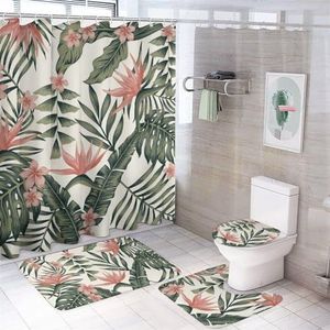Plumeria Bloemen Bladeren Palmbomen 4 Stks Badkamer Sets met Douchegordijn Toilet Deksel Cover En Tapijten