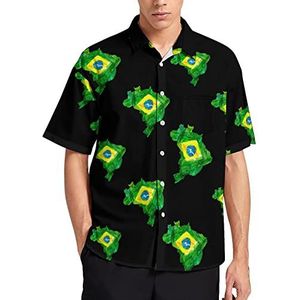 Aquarel Braziliaanse Vlag Kaart Hawaiiaanse Shirt Voor Mannen Zomer Strand Casual Korte Mouw Button Down Shirts met Zak