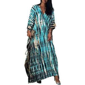 Kaftanjurk voor dames, ruime, losse, lange kaftans met korte mouwen, tuniek, kimono voor dagelijks gebruik, badkleding voor op het strand, badpak, loungewear, badjassen, Blauw, one size