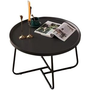 FXLUHAY Ronde combinatie salontafel walnoot houten blad en zwart metalen frame - multifunctionele moderne woonkamer huishouden kleine tafel (zwart)