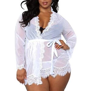 WOZOW Sexy ondergoed voor dames, met V-hals, kanten lingerie, badjas, mesh jurk, babydoll, negligé, nachtkleding, set hemd, grote maat, Wit., XL