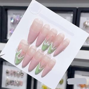 Verwijderbare en draagbare nail art Franse amandel ombre handgemaakte opdruknagels lange acryl valse nageltips innail (kleur: 29198, maat: M)