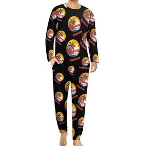 Cancun Zonsondergang en palmbomen comfortabele heren pyjama set ronde hals lange mouwen loungewear met zakken XL