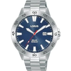 Lorus Solar sport blauwe wijzerplaat roestvrij staal Armband horloge voor mannen RX341AX9, ZILVER, Klassiek