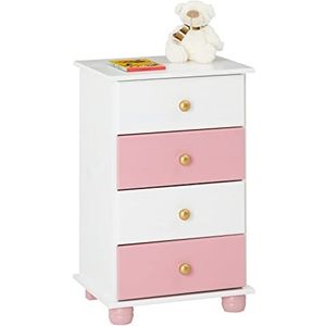 Commode Isabella, schattig nachtkastje van grenen, praktisch nachtkastje in wit/roze, mooie nachtkastje met 4 laden