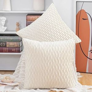 MADIZZ Set van 2 Super Zachte Fluwelen Decoratieve kussenslopen met Textuur Luxe Stijl Kussenhoesje voor Sofa Slaapkamer 35x35 cm Crème wit