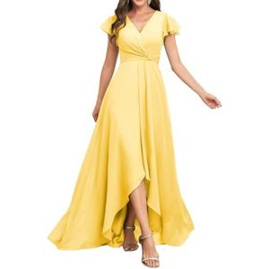 Hoog-laag Prinses Bruidsmeisjes Jurken Vierkante Hals Prom Jurk Chiffon Formele Avond Party Jurk met Mouwen ZM069, Geel, 54 grote maten