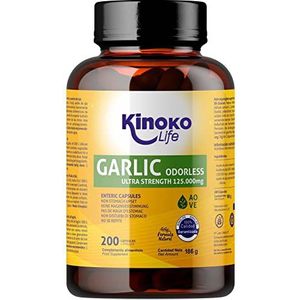 Knoflook 125.000 mg (500:1 extract) | 200 capsules | GEEN HERHAAL | GEEN GEUR | met Vergine Olijfolie | Verlengde afgifte | Hoge Concentratie | met 2575mcg Allicine | Glutenvrij | Non GMO | Soja Vrij