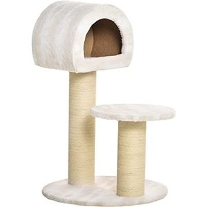 PawHut kattenkrabpaal kattenspeelgoed klimboom sisal bekleding ligvlak met bal spaanplaat fluweelzacht polyester sisal beige + lichtbruin 60 x 60 x 93 cm