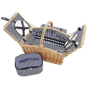 Picknickmand voor 4 personen van wilgentenen - 26tlg. met bijpassende deken, keramiek servies en koelvak - picknickkoffer set blauw wit gestreept