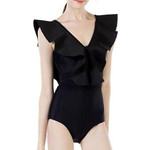 HFYRBDKSPI Womens Buik Controle Badpak Ruche V Hals Backless Eendelig Badpak Sexy Afslanken Badmode,zwart,L