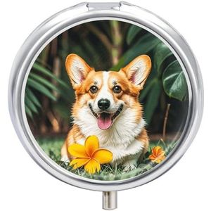 Tropische bloem en corgi pillendoos, waterdicht, draagbaar, medicijnpillenetui, vochtbestendig, metalen pillendoosje met 3 compartimenten