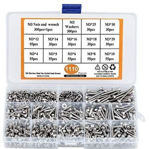 1100 stks M3 Hex Knop Schroeven Bout 12 Size Hex Socket Cap Lage Hoofd Schroef Set 304 Zeskant Socket Schroeven Kit met Moeren en Wasmachines - m3* 4/5/6/8/10/12/14/16/18/20/25/30