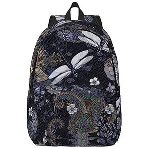 NOKOER Dragonflies Grey Printed Canvas Rugzak,Casual Daypacks,Laptop Rugzak Voor Vrouwen Mannen,Lichtgewicht Reisdagrugzak, Zwart, Medium