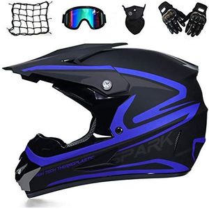 MRDEAR Motorhelm, Adult Motocross Helm Volledige Gezicht MTB Helm Unisex Off Road Crash Helmen Goggles Handschoenen Masker Helm Net D.O.T Gecertificeerd, Zwart en Blauw