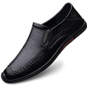 Loafers for heren, ronde neus, leer, handmatige stiksels, loafer, schoenen, resistent, lichtgewicht, platte hak, casual, klassiek, instapper (Color : Black, Size : 44.5 EU)