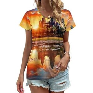 Kleurrijke Sky Angkor Wat Landmarks Dames V-hals T-shirts Leuke Grafische Korte Mouw Casual Tee Tops 2XL