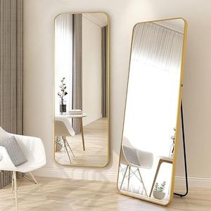 Buxibo Passpiegel - Minimalistische Design Wandspiegel - Staande Rechthoekige Spiegel met Metalen Rand - Modern - Kleedkamer Spiegel/Badkamerspiegel - Goud - 50x160x3 CM