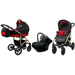 BabyLux Largo 3 in 1 Baby Reis Systeem Kinderwagen Autostoel Afneembare Regenhoes Voetenzak Dragende Wielen Pasgeborene tot Baby Black Red Gold Frame
